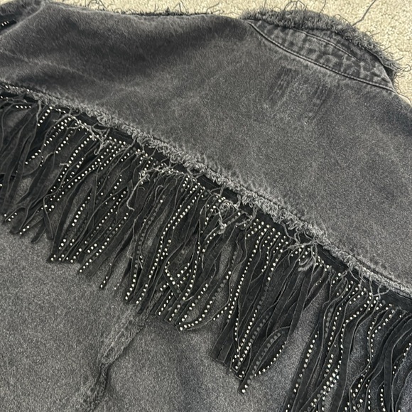 Zara Rhinestone Fringe Black Denim Jacket Jean Western Country Rodeo jeweled - Picture 8 of 8